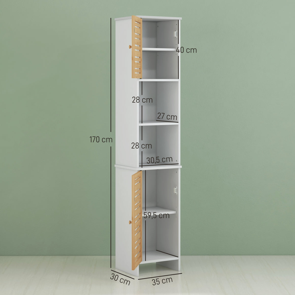 Coluna Casa de Banho Moderna Móvel Auxiliar Casa de Banho Armário Casa de Banho com Prateleiras Ajustáveis e Portas de Bambu Anti-Tombo 35x30x170 cm Branco e Madeira — foto 3