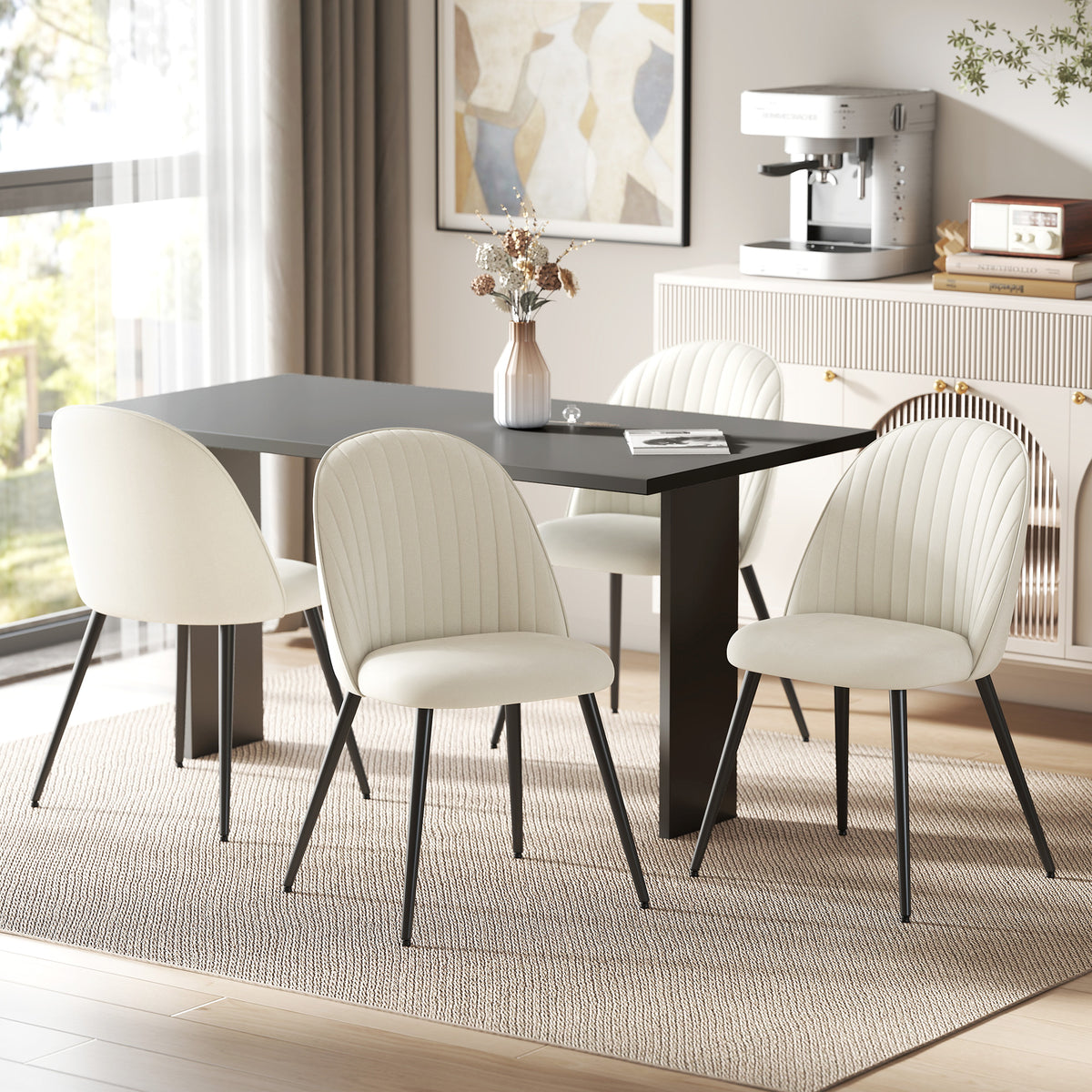 Conjunto de 4 Cadeiras de Sala de Jantar Modernas Cadeiras Estofadas em Veludo com Encosto Alto e Pés de Aço para Sala de Estar 50x52x83 cm Creme — foto 2