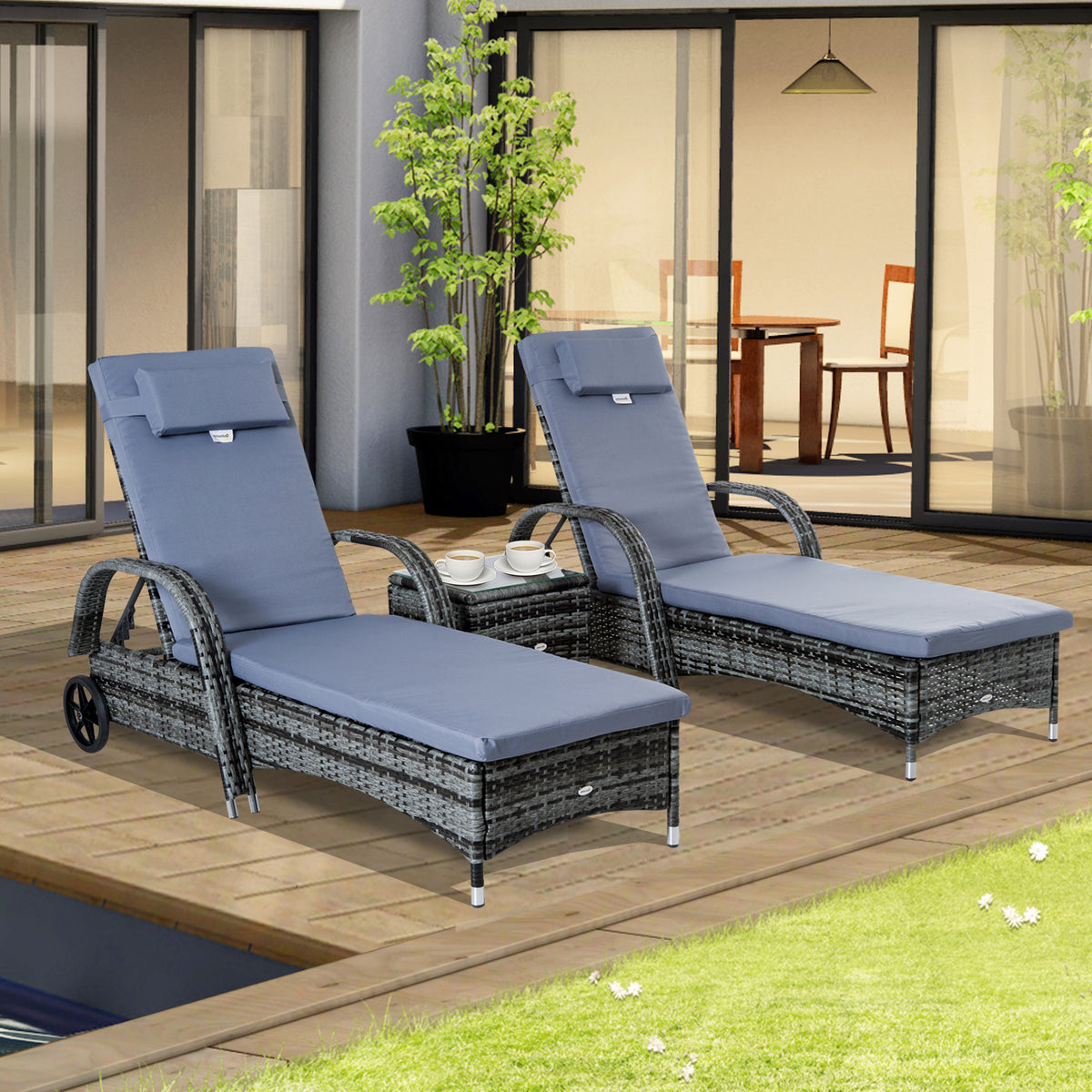 Espreguiçadeiras x2 com Mesa de Vime Chaise Longue para Jardim Pátio Cadeira de exterior com Almofadas Acolchadas Cinza — foto 2