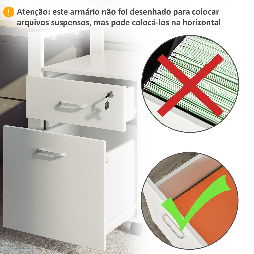 Bloco de Gavetas de Madeira Móvel para Arquivos para Escritório com 2 Gavetas 5 Rodas e 2 Travões para Escritório Secretaria Casa 40x49x58 cm Branco — foto 4