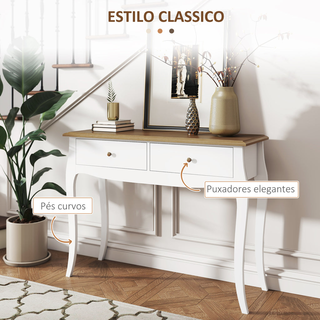 Mesa Consola Consola de Entrada com 2 Gavetas Estilo Francês para Corredor Dormitório Sala de Estar 100x35x76,5 cm Branco e Marrom Escuro — foto 5