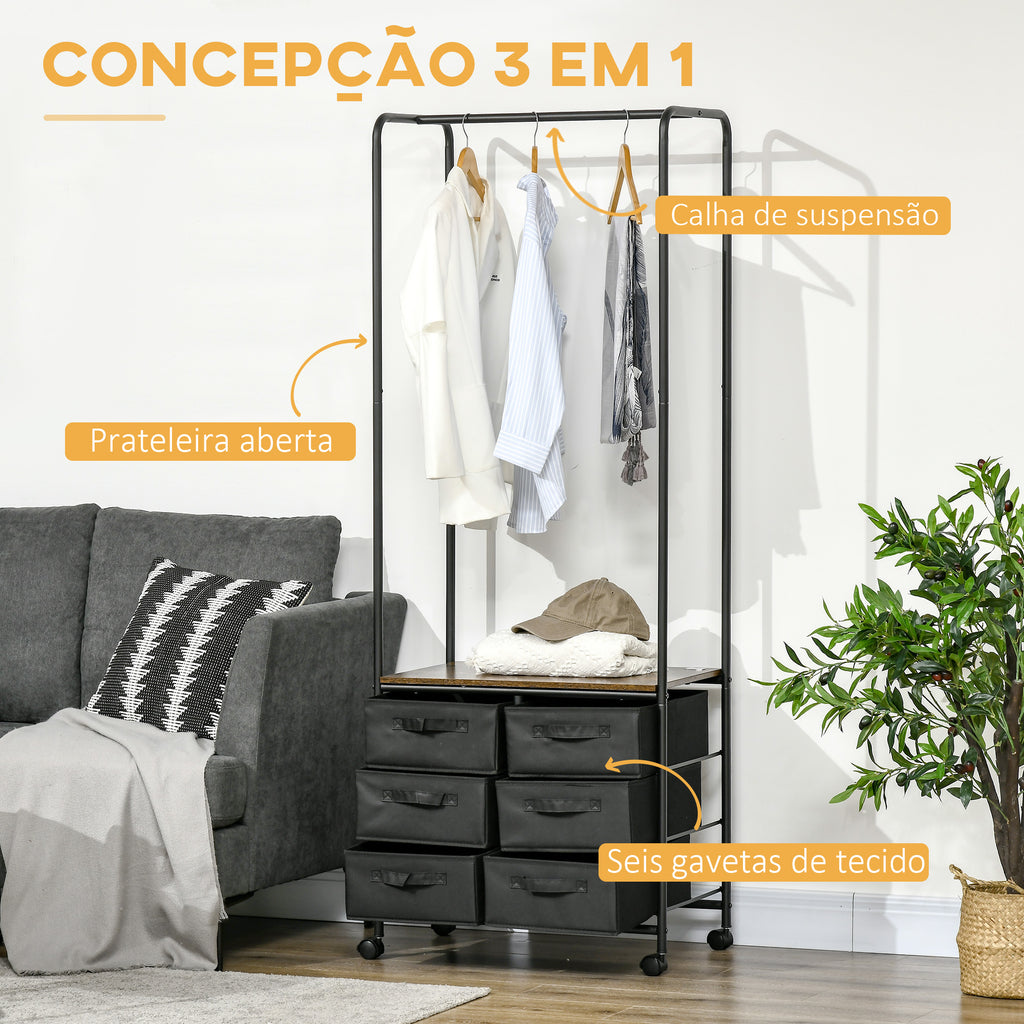 Cabideiro para Roupa com Rodas Cabideiro para Entrada com 6 Gavetas de Tecido Barra para Pendurar para Corredor Quarto Sala de Estar 63,5x40x172,5 cm Castanho Rústico — foto 4