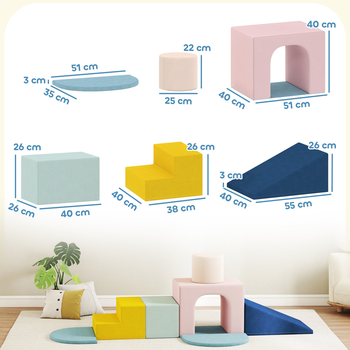 Conjunto de 8 Blocos de Espuma para Crianças Blocos de Psicomotricidade com Capas de Veludo Laváveis Conjunto de Escalada Interior para Escalar e Rastejar Multicor — foto 3