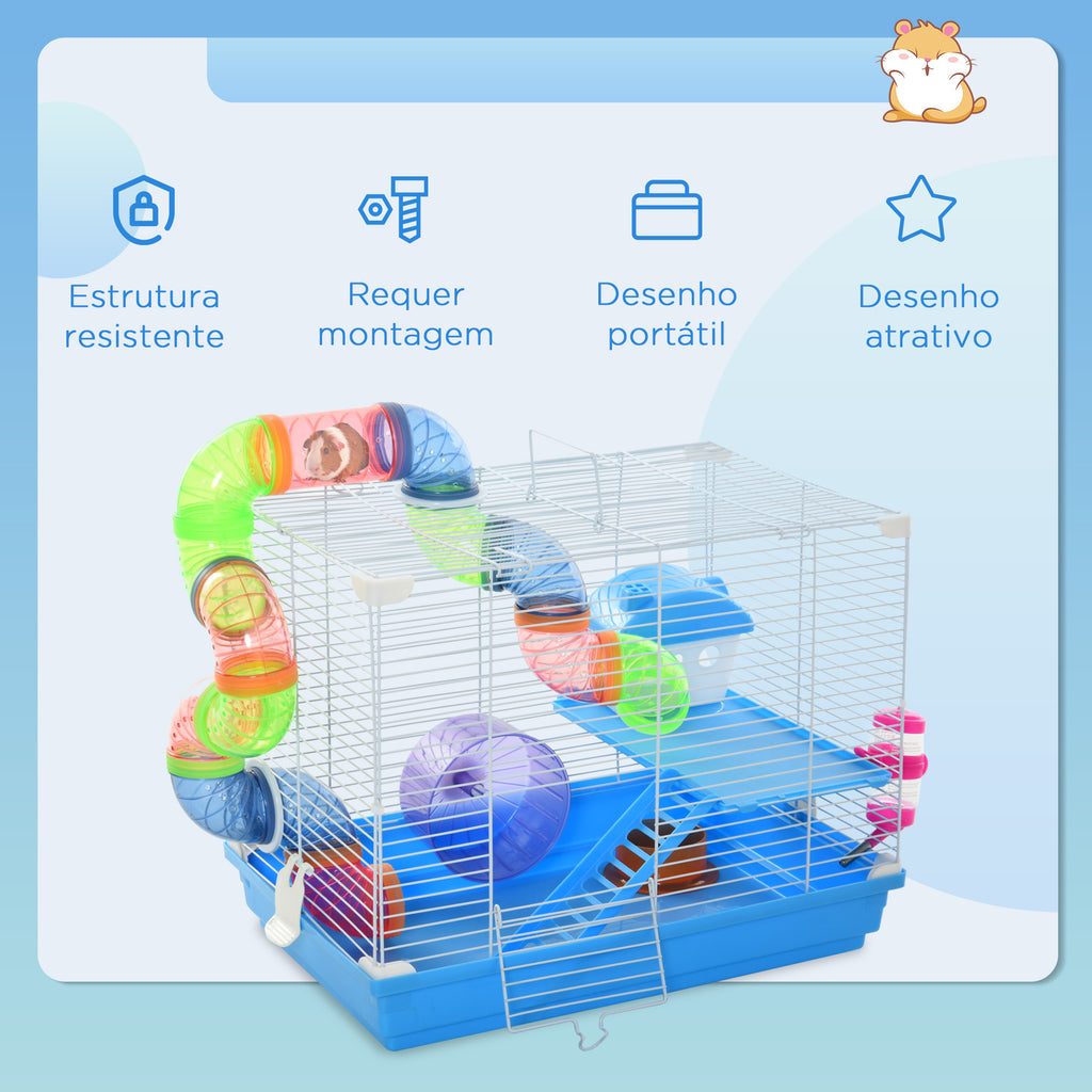 Gaiola para Hamster, Casa para Hamster com Túnel, Comedouro, Bebedouro, Casinha, Rampa, Roda de Exercício, Plataforma e Alça, Bandeja Removível, para Ratos e Gerbos, 46x30x37 cm, Azul — foto 7