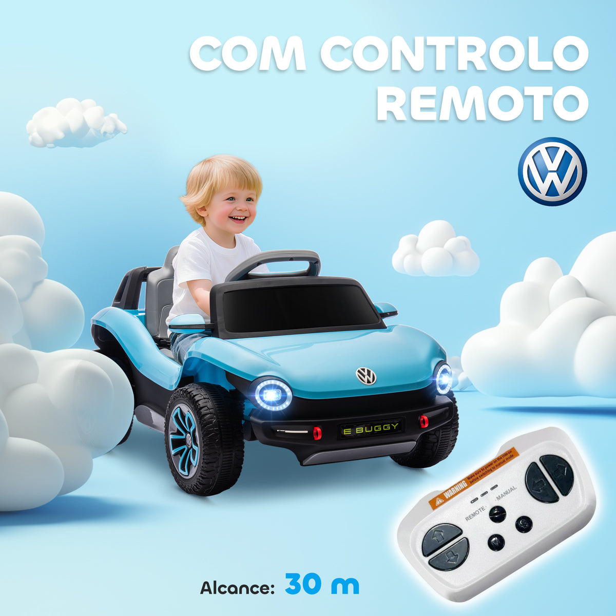 Carro Elétrico para Crianças acima de 3 Anos Volkswagen E-Buggy Bateria 12V com Controlo Remoto 2,4 G Rodas com Suspensão Faróis LED Música USB e Motor Duplo 98x56,5x47 cm Azul — foto 5