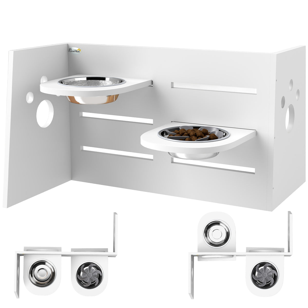Comedouro para Cães Elevado Comedouro para Animais com 3 Alturas 2 Tigelas 2x1L e Sistema de Alimentação Lenta para Cães Pequenos Médios e Grandes 63x58,5x40 cm Branco — foto 1