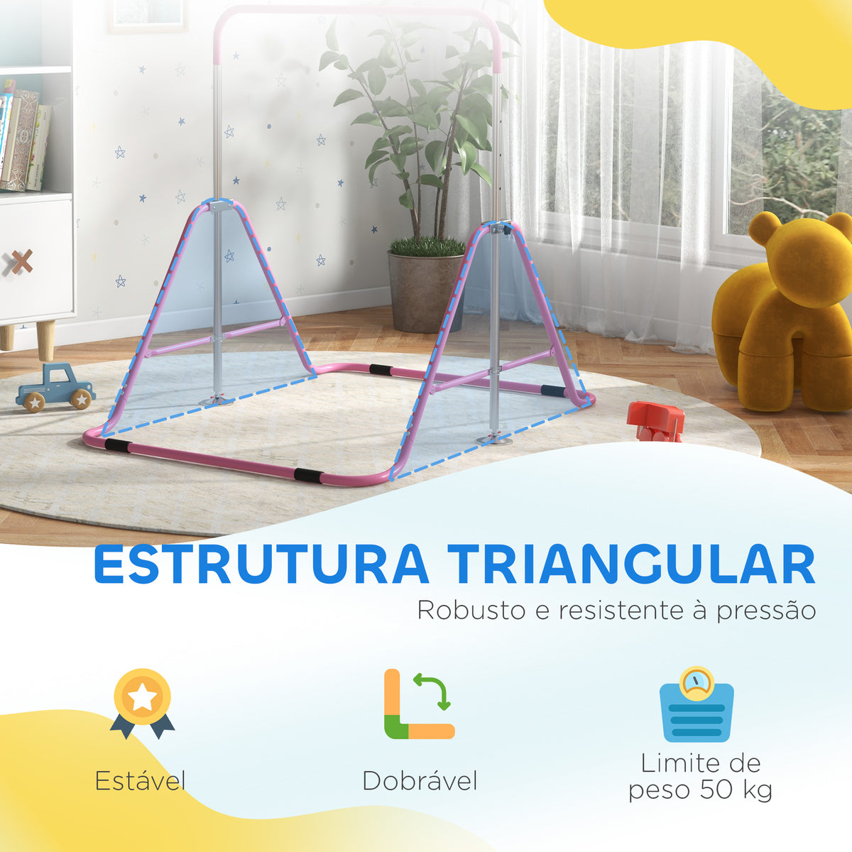 Barra de Ginástica Artística Barra Horizontal Dobrável com Altura Ajustável Equipamento de Ginástica para Treino em Casa para Crianças 154x106,2x88,5-128,5 cm Rosa — foto 7