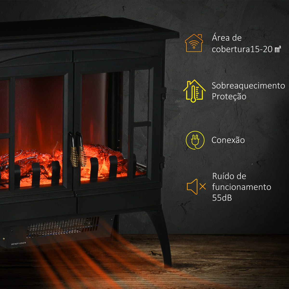 Lareira Elétrica 1000W/2000W Lareira Elétrica Decorativa com Luzes LED Chamas Realistas e Proteção Contra Superaquecimento para 15-20 ㎡ 60x37x60,5 cm Preto — foto 5