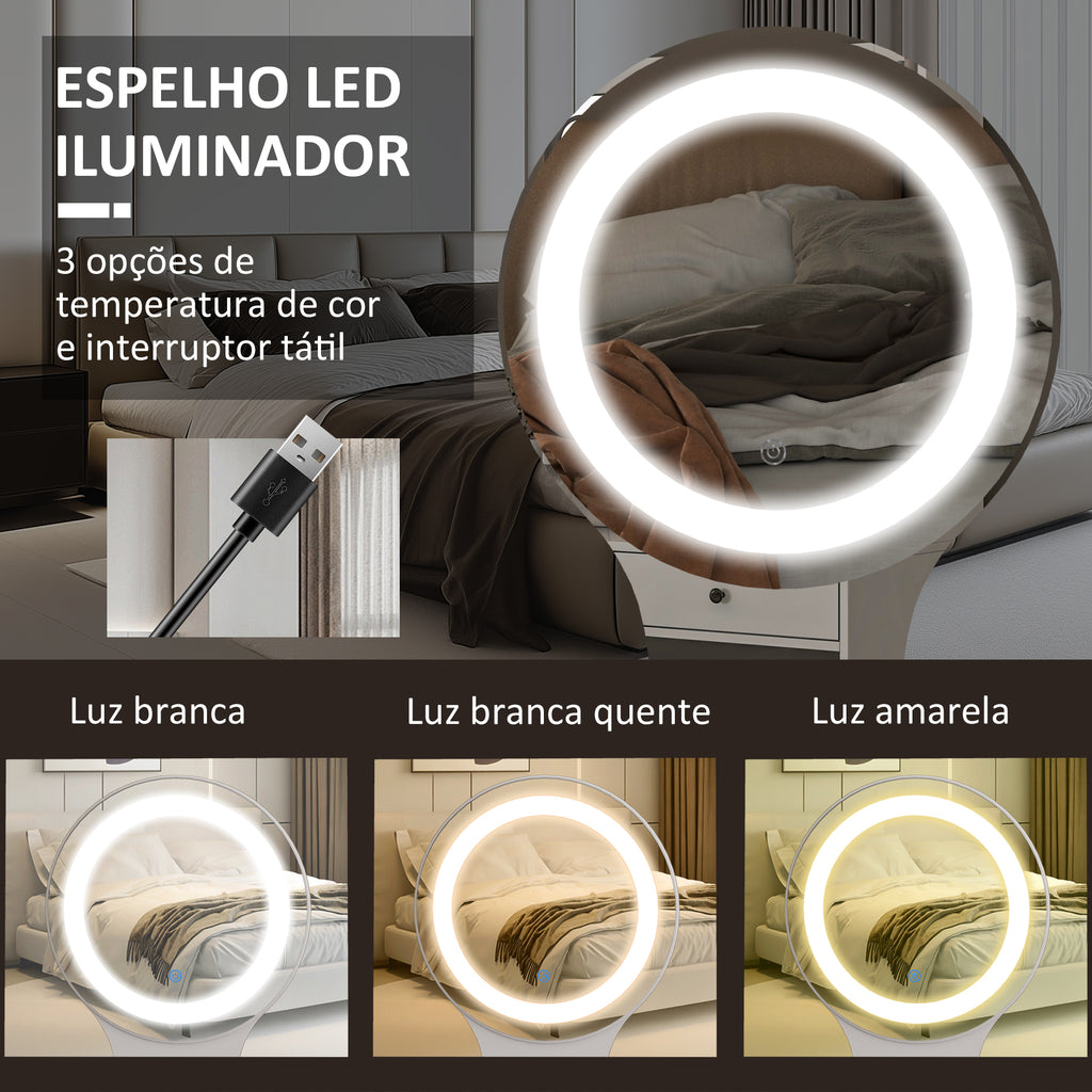 Toucador com Espelho e Luzes LED Ajustáveis Mesa de Maquilhagem Moderna com 5 Gavetas 4 Compartimentos e 1 Prateleira 100x44x137 cm Branco e Madeira — foto 4