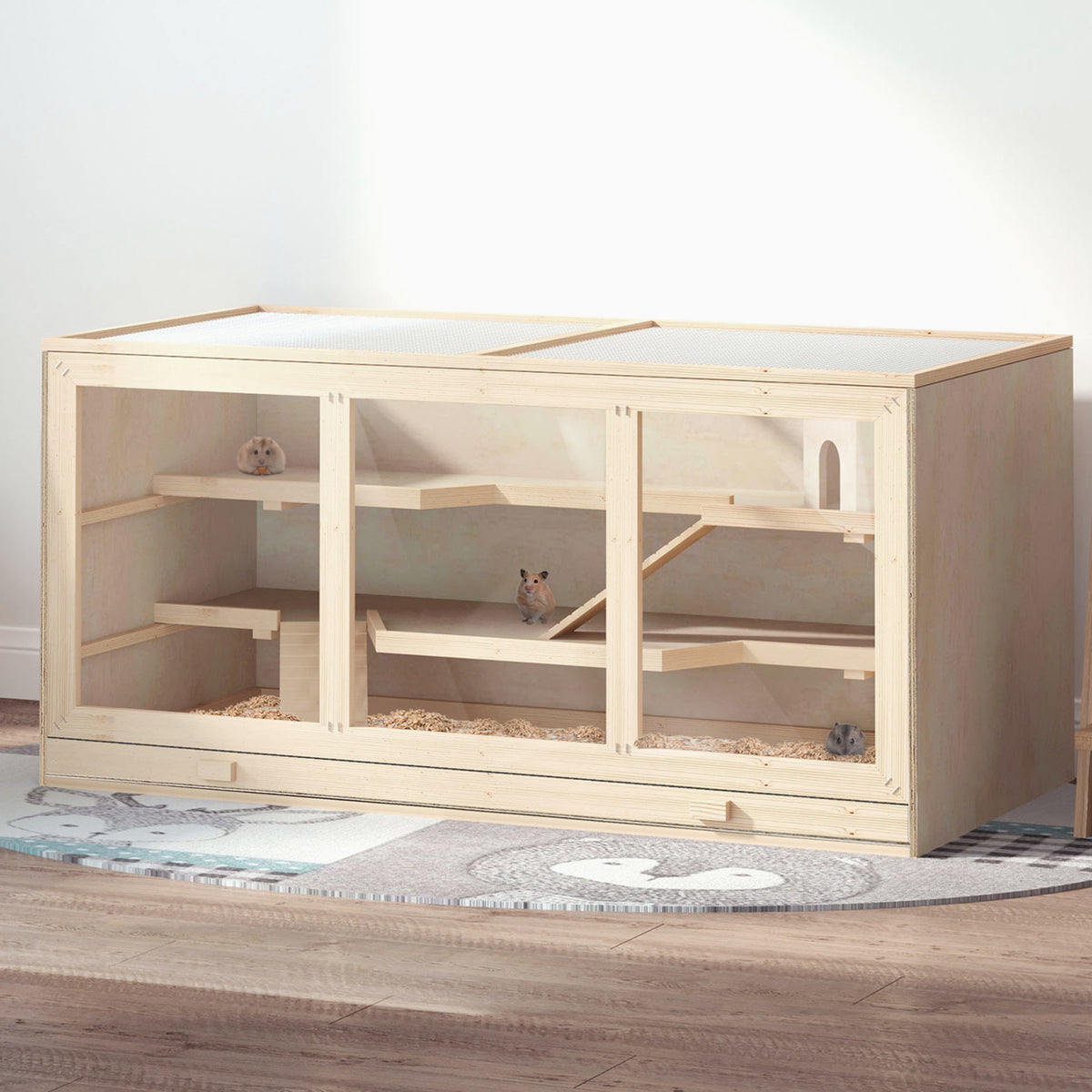 Gaiola de Hamster Casa para pequenos roedores com bandeja removível 2 plataformas e rampas 115x60x58 cm Madeira natural — foto 2