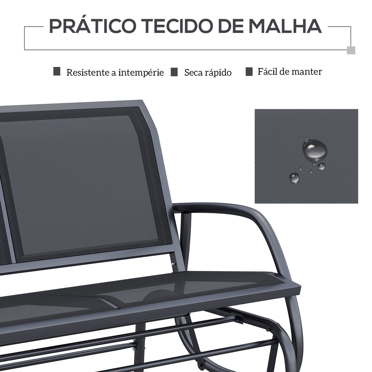 Baloiço de 2 Lugares Cadeira de Balanço de Jardim Tubo de Metal e Tecido de Textilene para Exteriores Carga Máx. 200 kg 120x70x85 cm Preto — foto 5