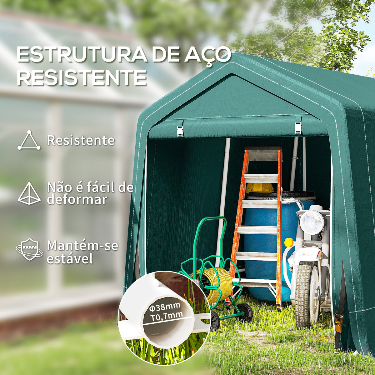 Abrigo de Jardim Exterior para Ferramentas, Bicicletas, 2,4x2x2 m, Cobertura Exterior com Estrutura de Metal, Porta Enrolável com Fecho, Impermeável, Anti-UV, Garagem Portátil, Verde — foto 4
