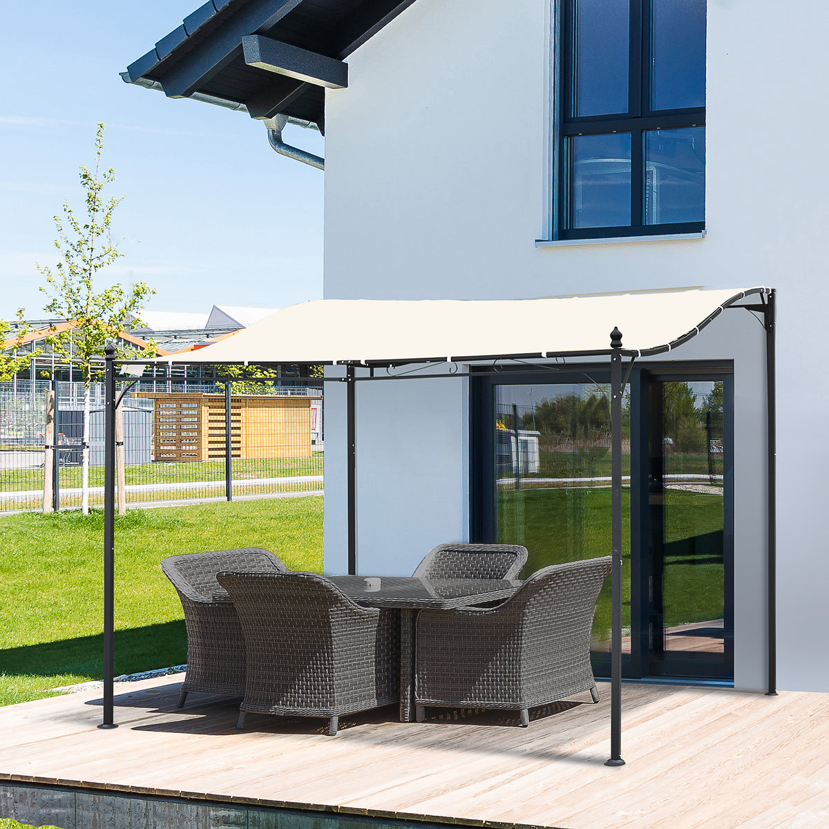 Pérgola de Jardim 3x3m Pérgola Montada na Parede com Toldo e 16 Orifícios de Drenagem para Pátio Terraço Metal e Poliéster 180 g/m² Resistente Creme — foto 2
