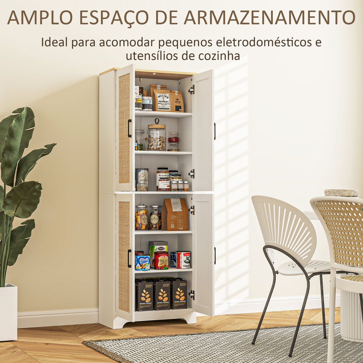 Armário de Cozinha Móvel Auxiliar de Cozinha com Prateleiras Ajustáveis Portas em Vime e Sistema Anti-Tombo 60x30x170 com Branco — foto 4