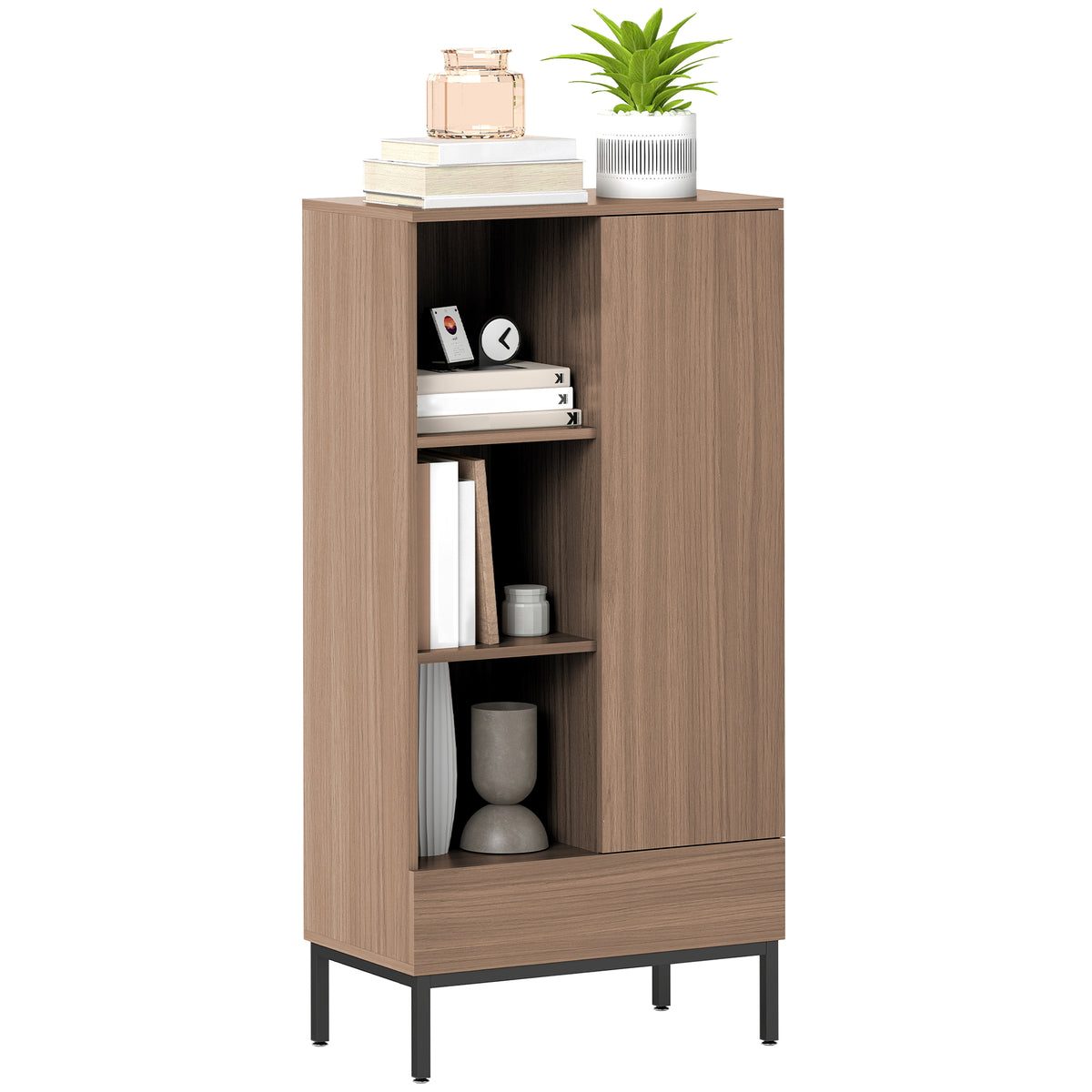 Aparador 1 Porta Aparador para Sala Moderno com Gaveta Prateleira Ajustável e 3 Compartimentos Abertos para Sala de Jantar Entrada Quarto 60x34x121 cm Madeira — foto 1