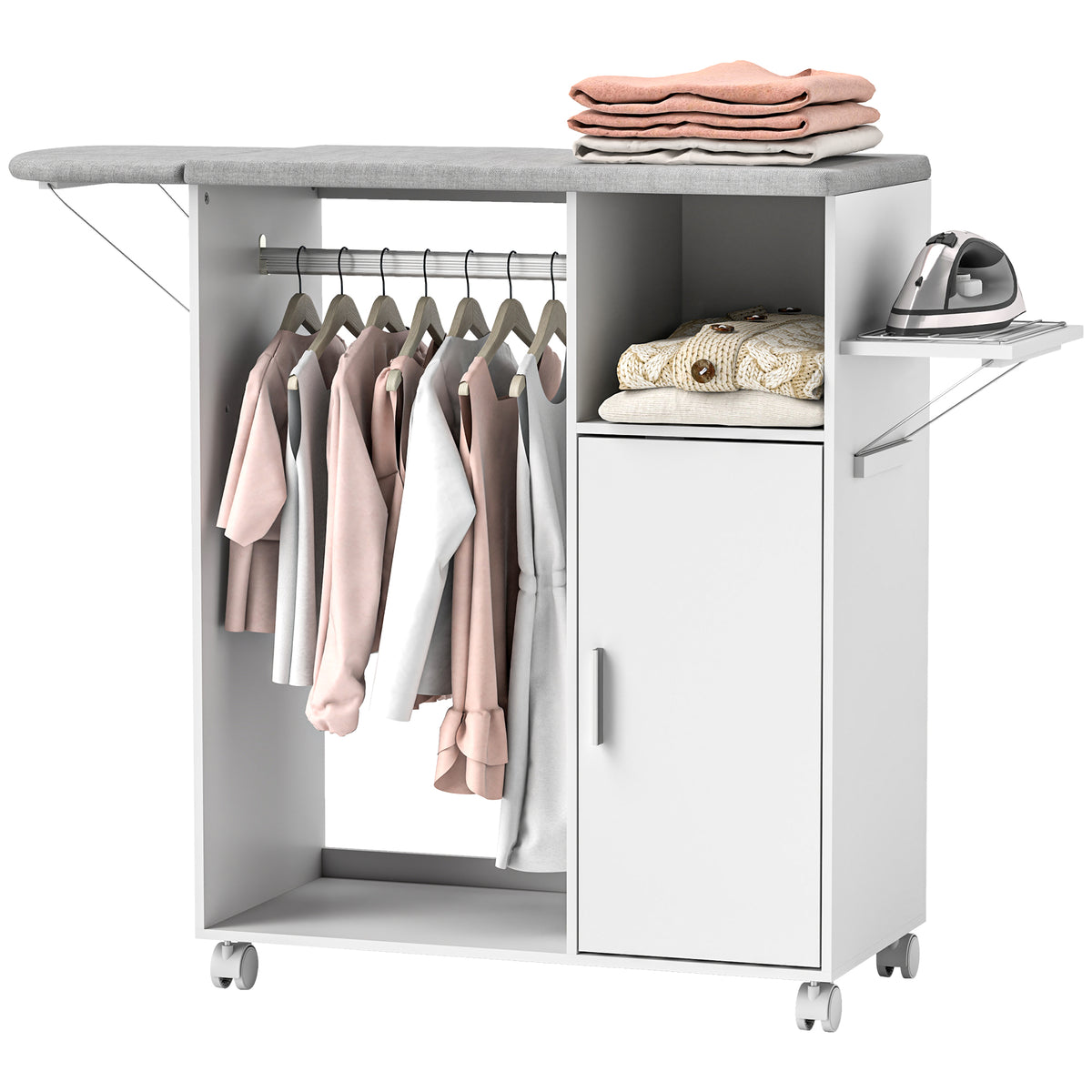 Móvel de Engomar de Madeira Móvel de Engomar com Rodas Barra para Pendurar Roupa Prateleira Aberta e Tábua Dobrável para Sala Quarto 107x42,5x99 cm Branco — foto 1