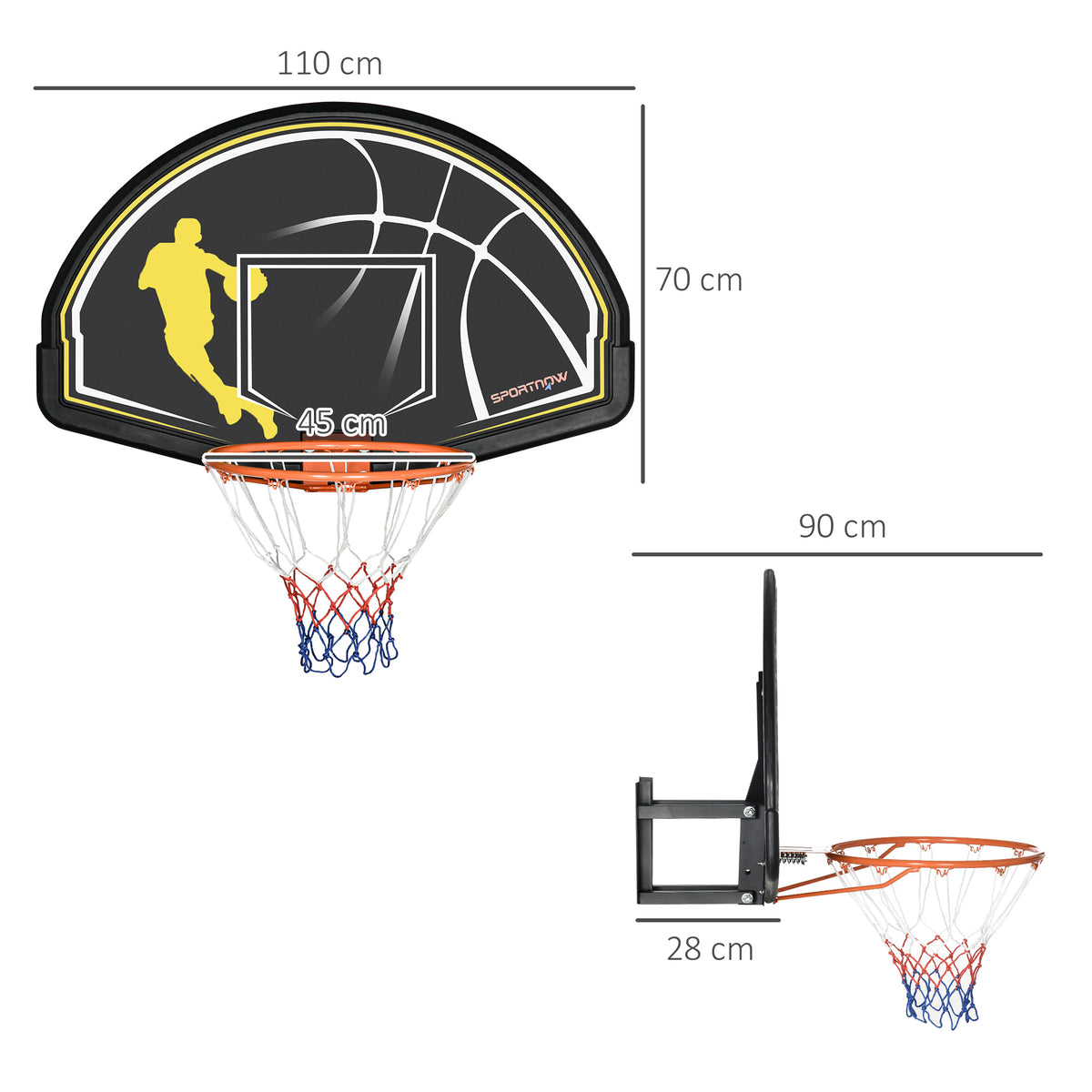 Tabela de Basquetebol de Parede Tabela de Basquetebol para Interior e Exterior 110x90x70 cm Preto e Amarelo — foto 3
