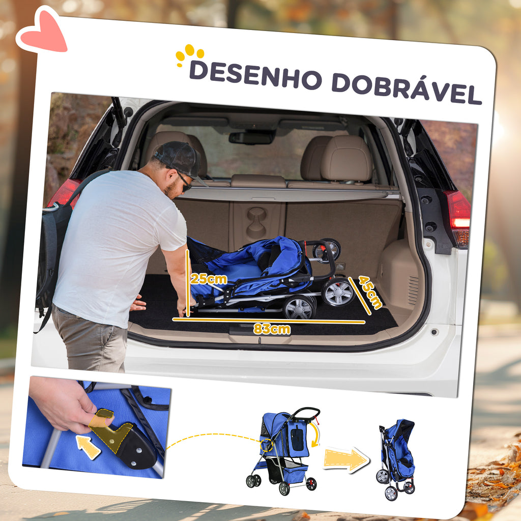 Carrinho para Cães Dobrável, Coche para Cães Pequenos com Cesta de Armazenamento, Janelas de Rede, Suporte para Copos, Rodas EVA, Almofada Lavável, Travões, Carga 10 kg, 75x45x97 cm, Azul — foto 5
