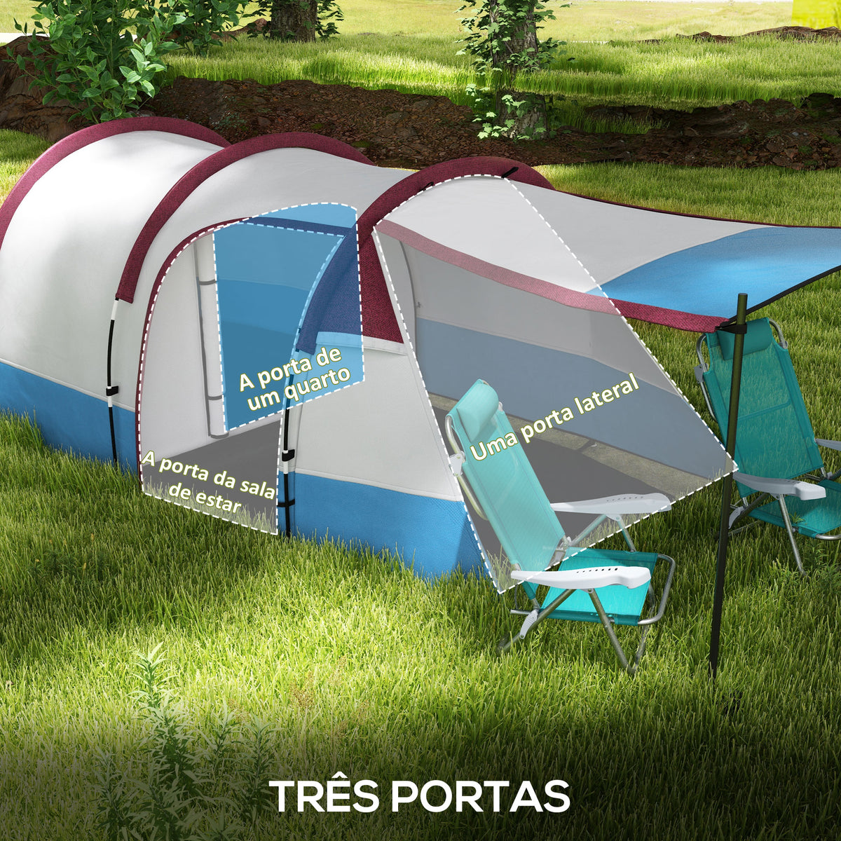 Tenda de Campismo Familiar para 3 Pessoas Tenda de Campismo Dobrável Leve com 2 Divisões Bolsa de Transporte Impermeável 2000 mm para Praia e Caminhadas 420x200x150 cm Azul Claro e Vermelho — foto 5