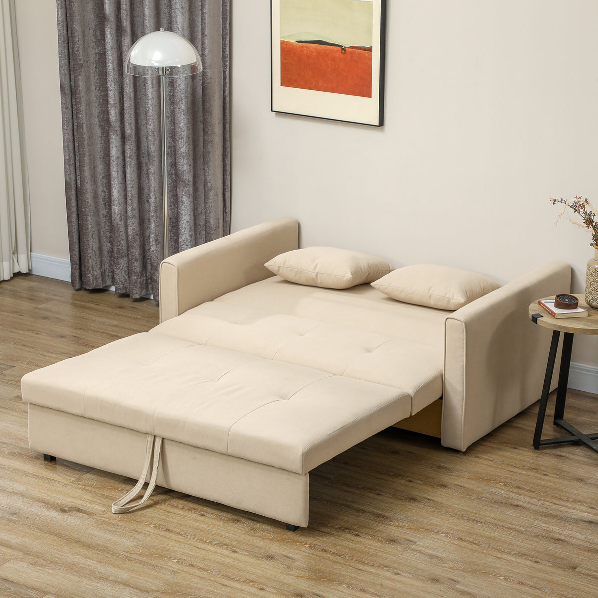 Sofá Cama de 2 Lugares Estofado em Algodão com 2 Almofadas Apoio para os Braços e Armazenamento Sofá Duplo Moderno para Sala de Estar Escritório 152x101x81 cm Bege — foto 7