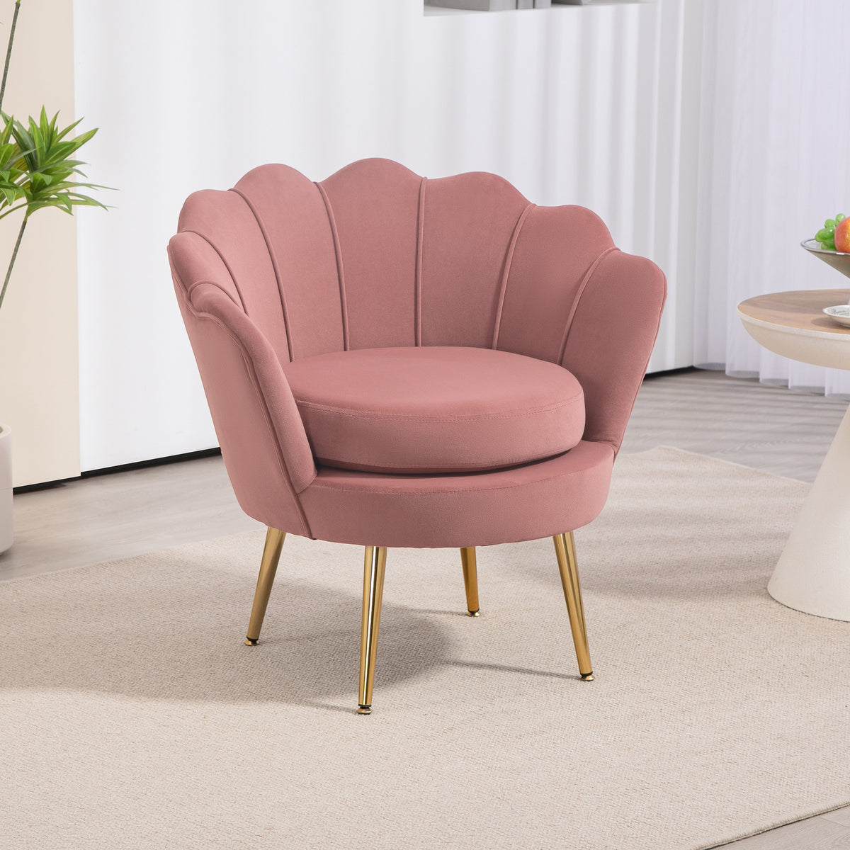 Poltrona de Sala Estofada em Veludo Poltrona para Quarto com Encosto em Forma de Concha e Pernas Douradas para Sala de Jantar 76x67x74 cm Rosa — foto 2