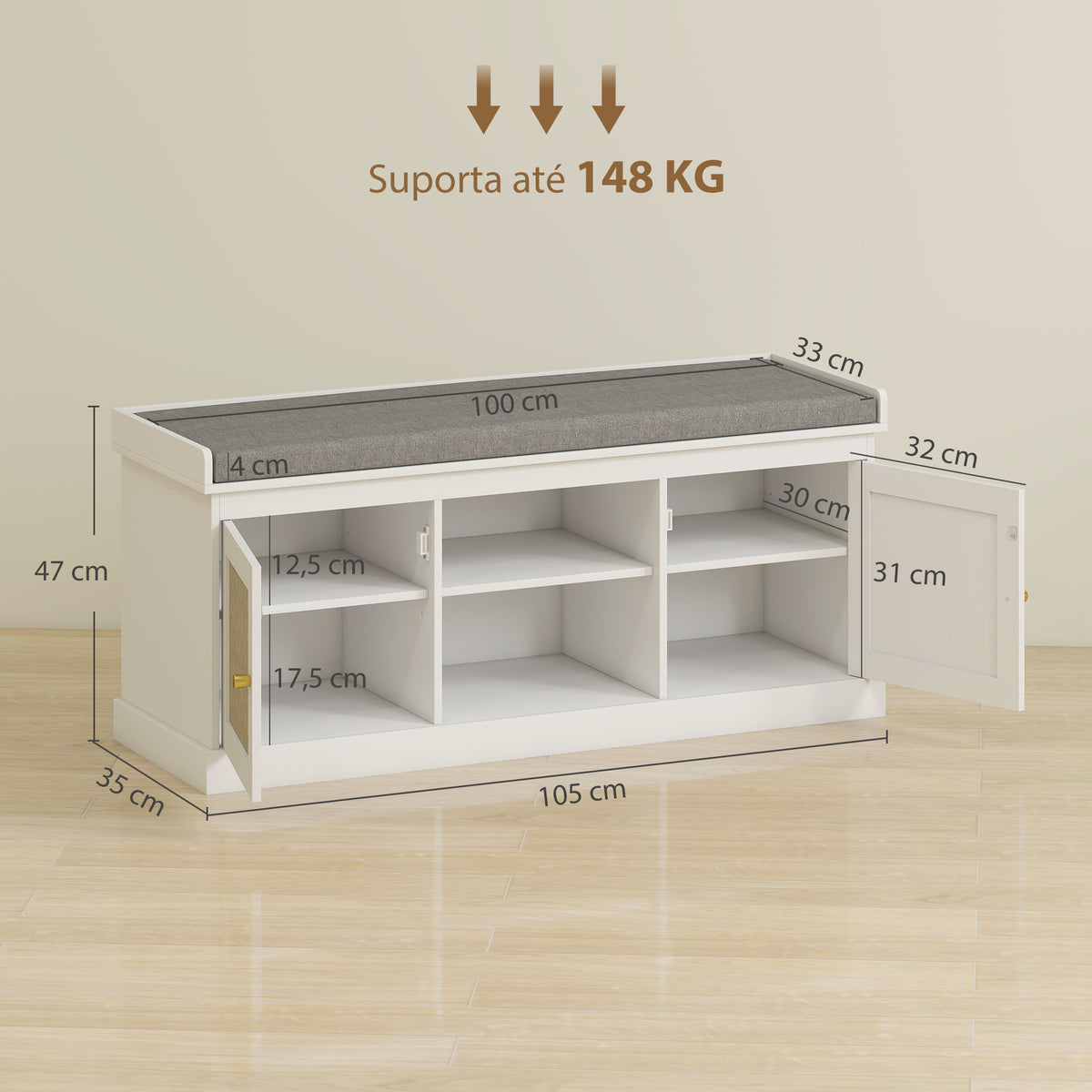 Banco Sapateira Móvel Sapateira Boémio com Assento Acolchoado Portas com Frente em Vime Prateleira Aberta Prateleira Ajustável para 9 Pares de Sapatos para Entrada 105x35x47 cm Branco — foto 3