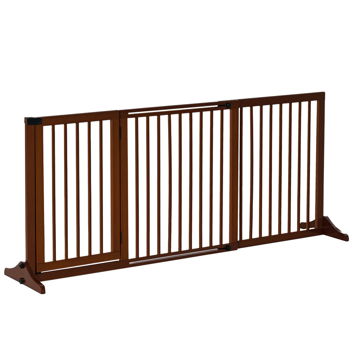 Barreira de Segurança Extensível para Cães Grade de Proteção para Escadas e Portas 113-166cm 3 Peças com Estrutura de Madeira e Suporte de Pé 113-166x36x71 cm Marrom — foto 1