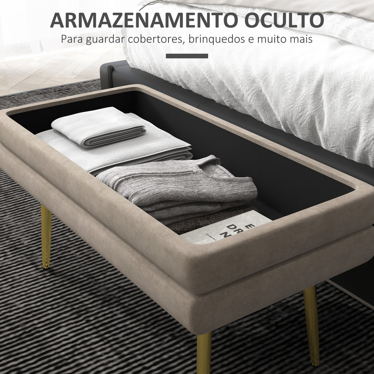Banco Pé de Cama 30L Banco com Armazenamento para Dormitório Estofado em Veludo Banco de Entrada com Pés de Aço 79,5x37,5x43 cm Bege — foto 5