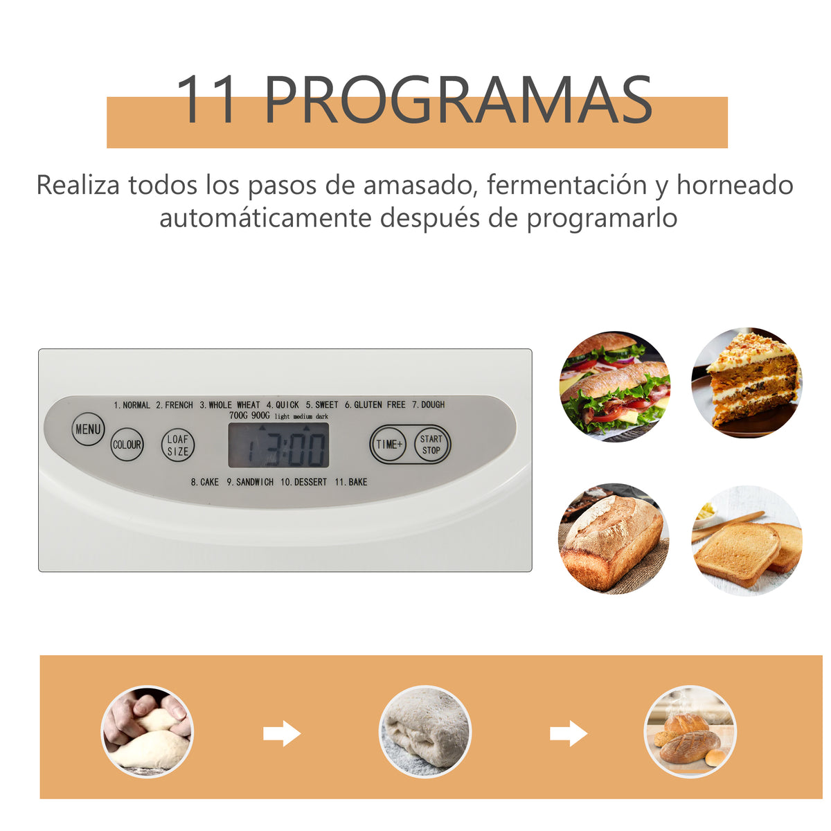 Máquina de Pão Automática com 11 Programas para Pães e Doces com Tela de LCD Temporizador programável de 13 horas em Aço Inoxidável 29,6x23,3x29,2 cm Branco — foto 6
