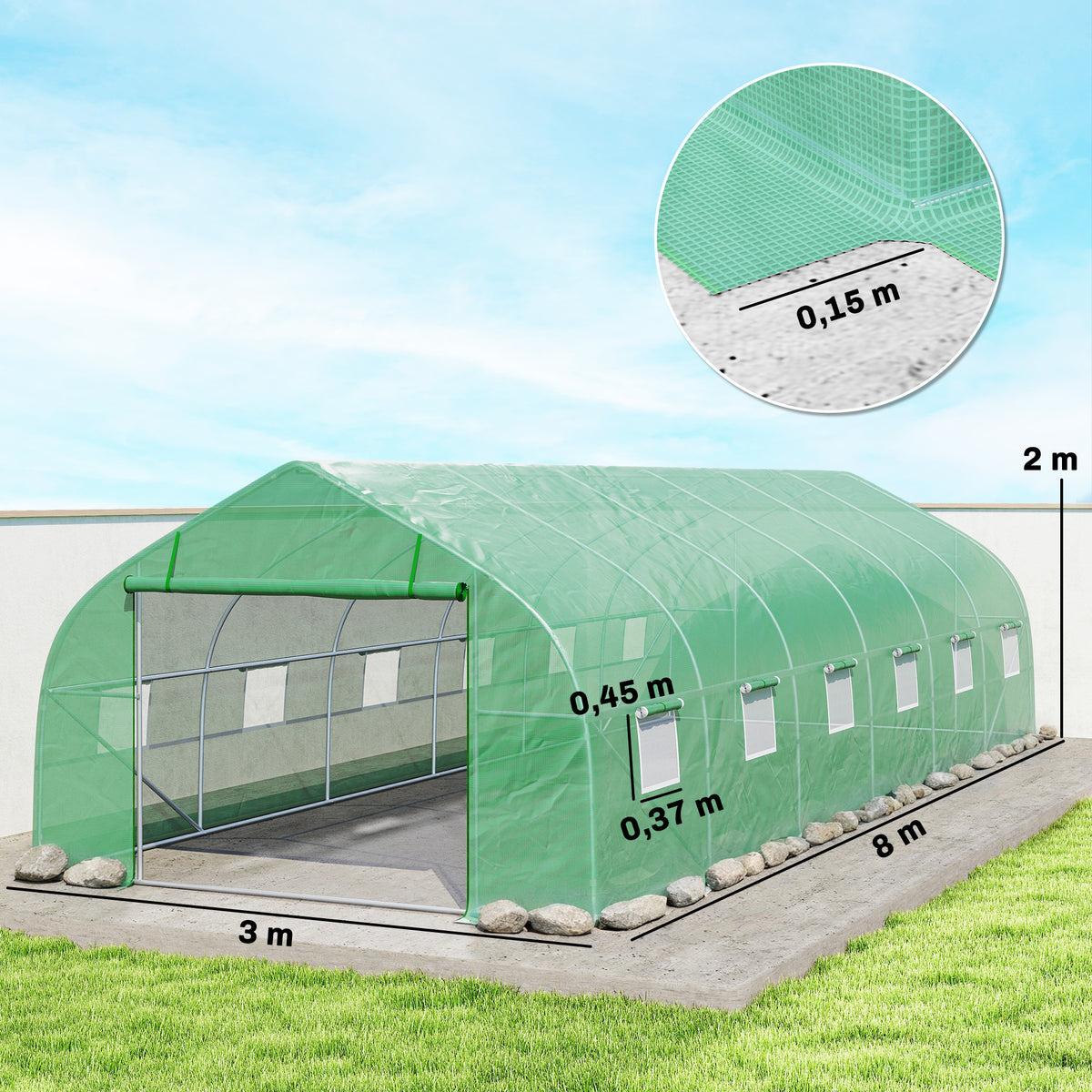 Estufa Tipo Túnel 800x300x200cm com 12 Janelas e Porta Enrolável Cobertura de PE 140g/m² e Aço Teto Pontiagudo para Cultivo de Plantas Verduras Verde — foto 3