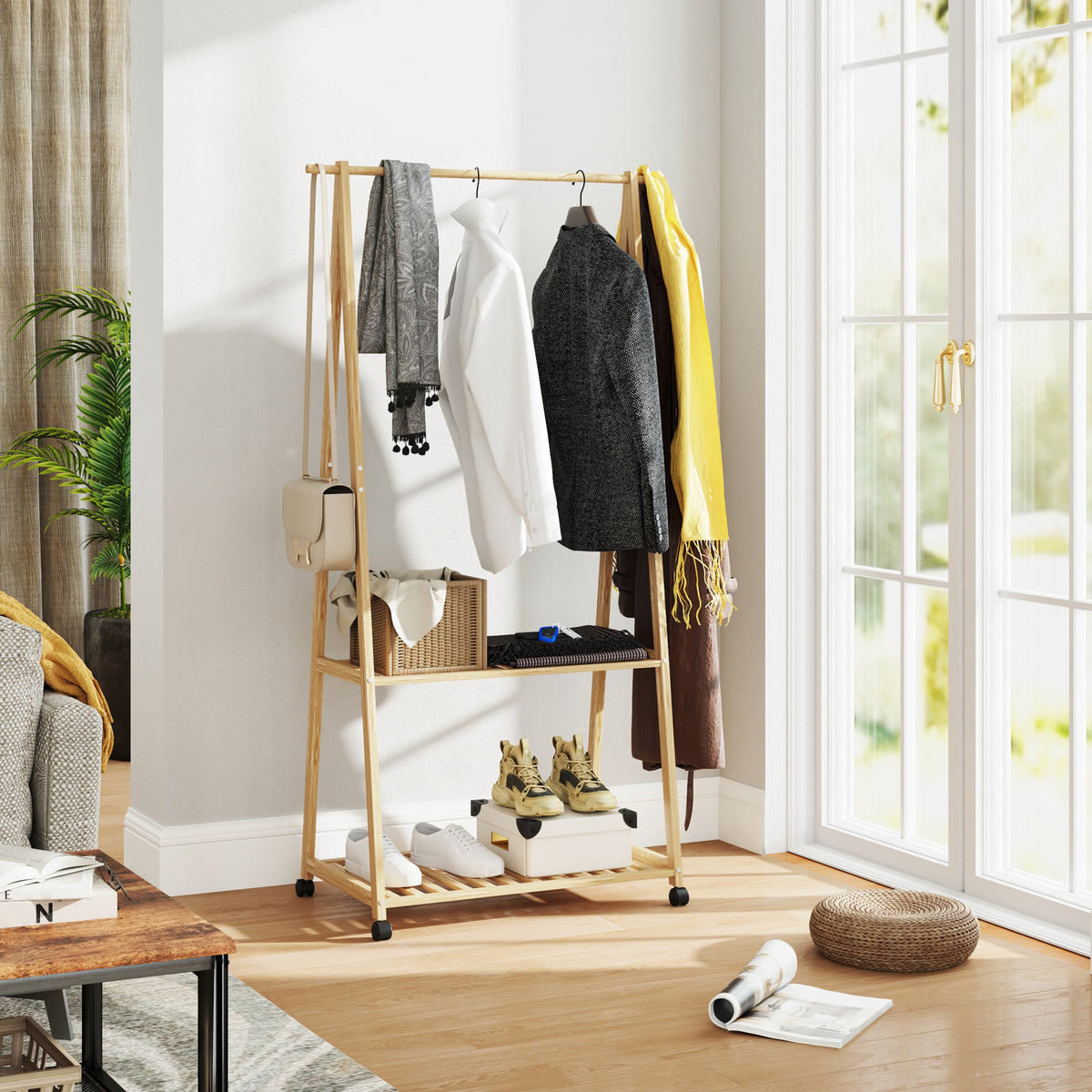 Charriot de Bambu para Roupa Charriot para Roupa com Rodas 2 Prateleiras Abertas e 2 Ganchos para Entrada Corredor Dormitório 84,5x43,5x158 cm Madeira — foto 2