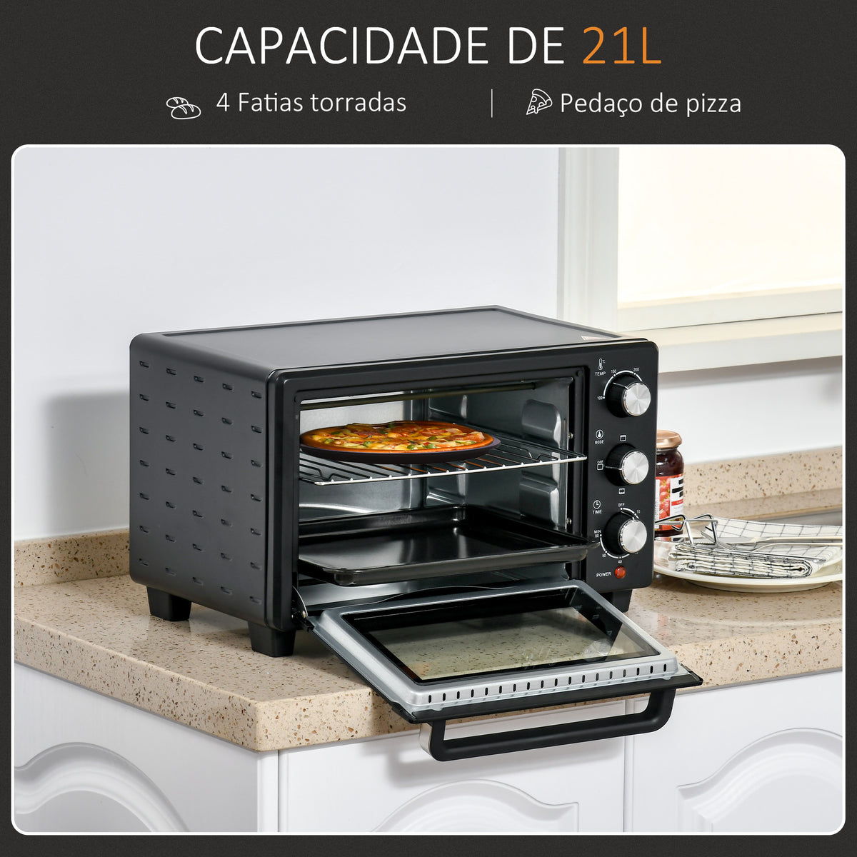 Mini Forno Elétrico 21L 1400W Forno Elétrico de Mesa com Temporizador até 60min e Temperatura Ajustável até 230℃ 46x38,5x29 cm Preto — foto 4