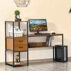Secretária com Prateleiras Mesa de Computador com Múltiplas Prateleiras 2 Gavetas e Pés Ajustáveis para Escritório Estúdio 140x50x110cm Nogueira e Preto — foto 2
