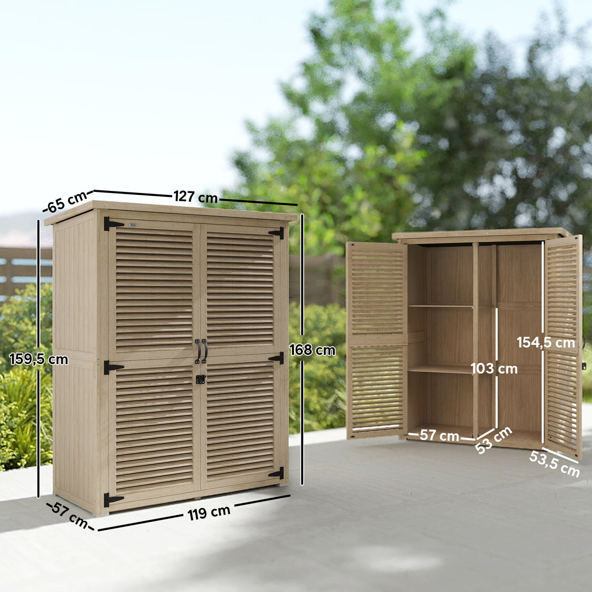 Armário de Jardim de Madeira 0,83 m² 127x65x168 cm Armário Exterior de Madeira com 2 Portas de Persiana 2 Prateleiras 2 Alças e Telhado Impermeável Natural — foto 3