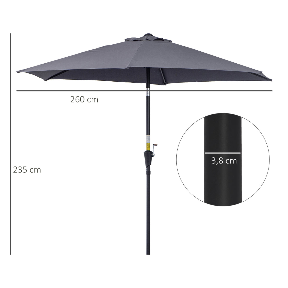 Chapéu de Sol de Jardim Ø270x235cm Chapéu de Sol de Alumínio Reclinável com Manivela e 6 Hastes para Terraço Exterior Balcão Cinza — foto 3