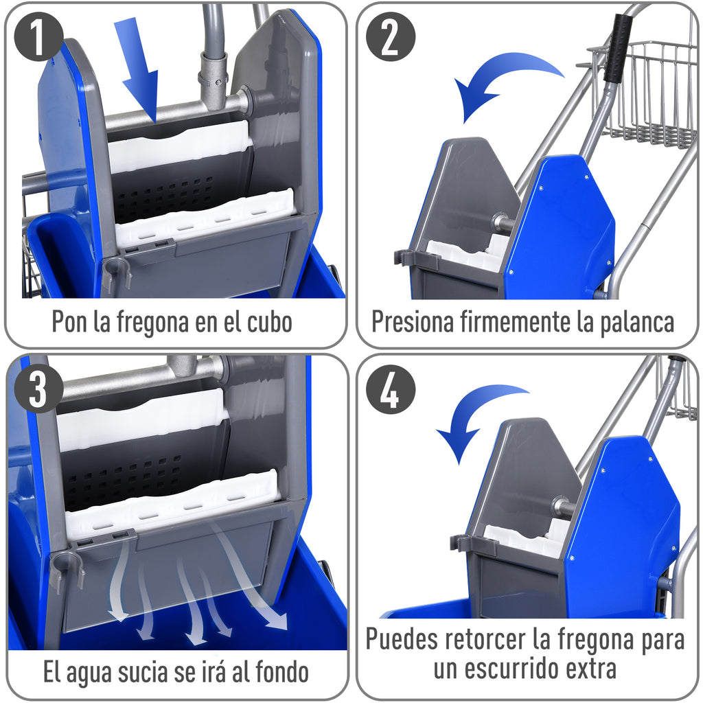 Carro de Limpeza Balde para Esfregona com Escorredor a Pressão Rodas e Cesto de Armazenamento Capacidade 26L 73x45x95 cm Azul — foto 7