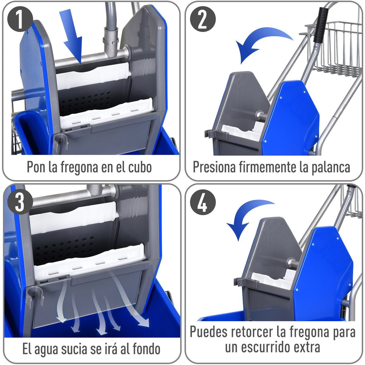 Carro de Limpeza Balde para Esfregona com Escorredor a Pressão Rodas e Cesto de Armazenamento Capacidade 26L 73x45x95 cm Azul — foto 7
