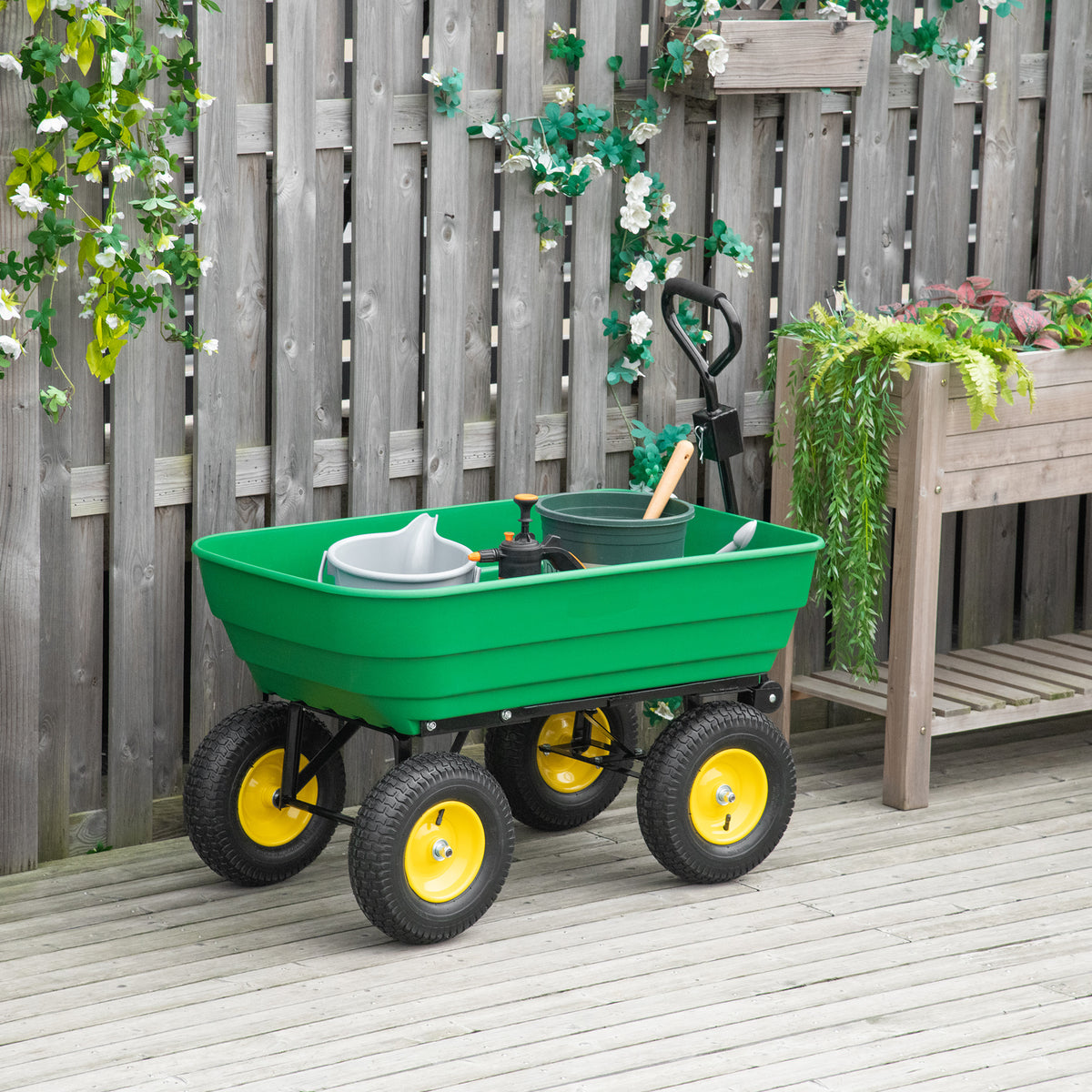 Carrinho de Jardim com Caçamba Inclinável até 75° Carrinho de Mão com Guiador Ajustável e 4 Pneus Capacidade Máxima 125L Aço 118x58x102 cm Verde Escuro — foto 2