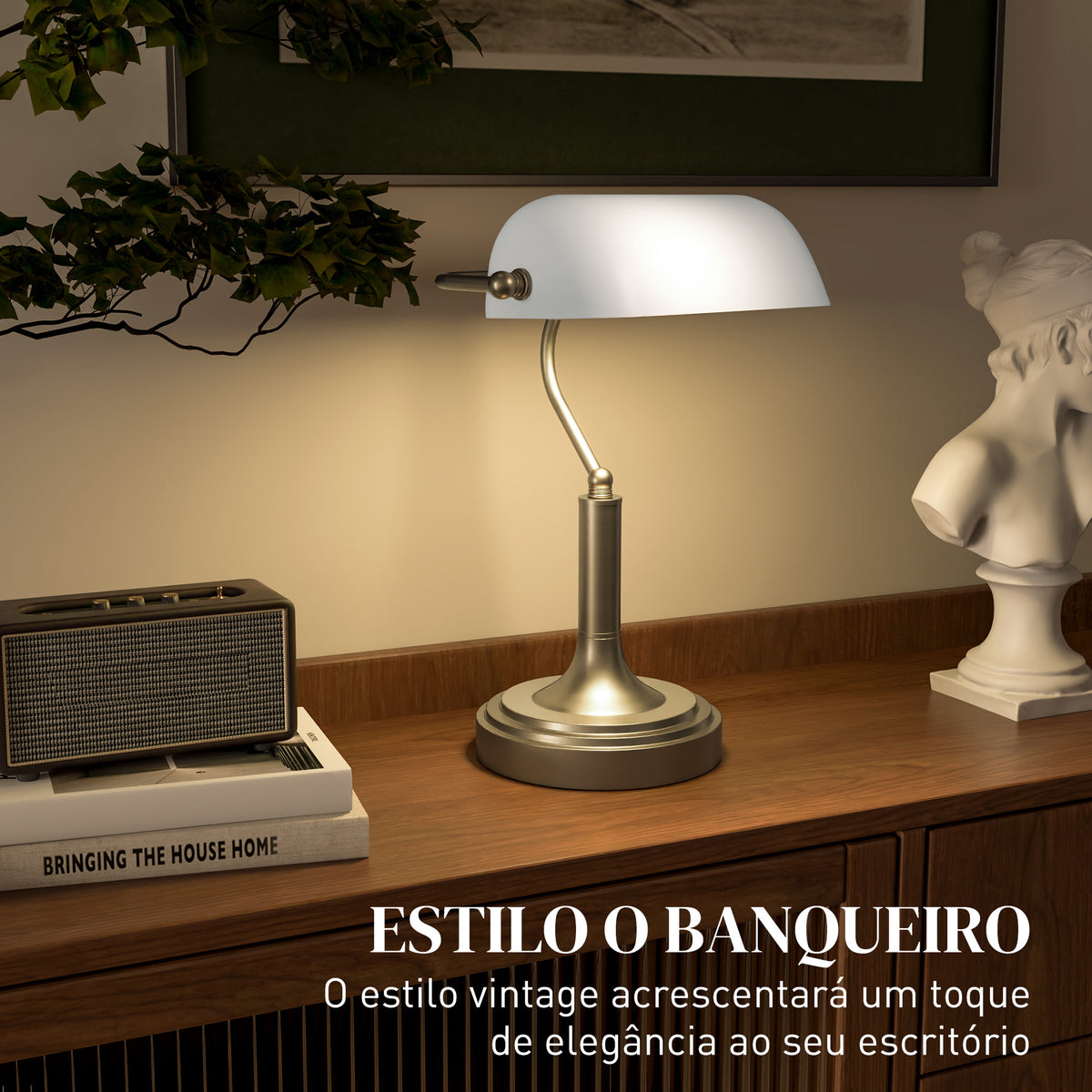 Candeeiro de Mesa Banqueiro Candeeiro de Mesa Vintage E27 com Ecrã Orientável a 45° Interruptor Basculante para Casa Escritório Biblioteca 26,8x22x39,5 cm Branco — foto 4