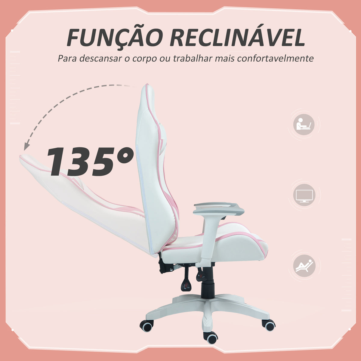 Cadeira Gaming Reclinável Cadeira Gamer Giratória com Almofada Lombar Apoios de Braços Ajustáveis Apoio de Cabeça Basculante e Altura Ajustável para Escritório 67x60x120-128 cm Branco e Rosa — foto 5