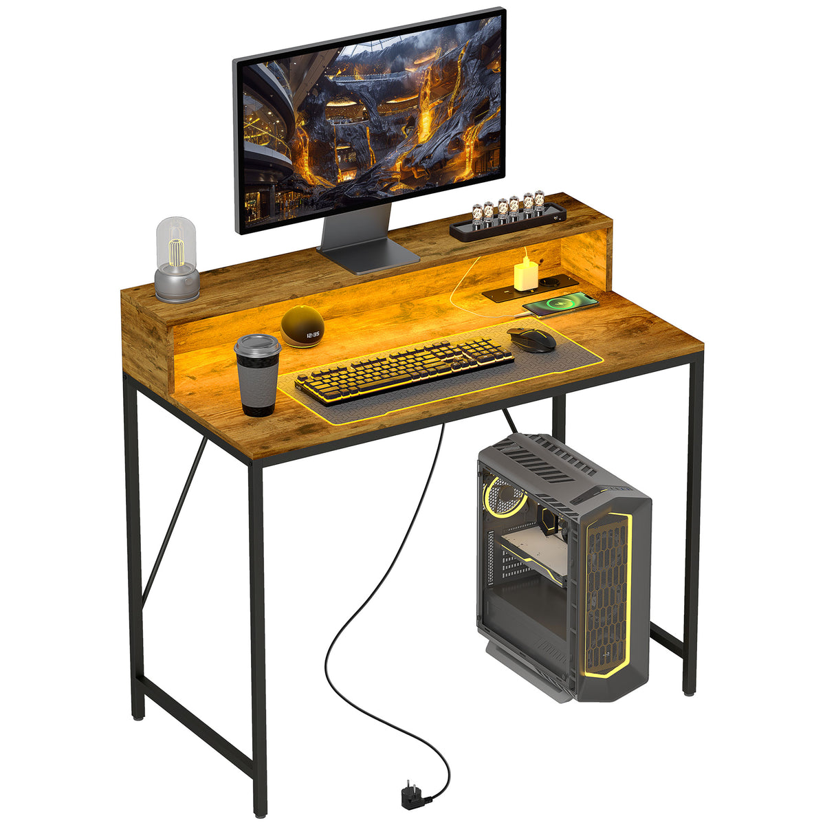 Secretária Estilo Industrial Mesa de Escritório com Luzes LED Tomadas de Corrente Suporte para Monitor e Controlo Remoto Secretária para Computador 100x50x90,5 cm Marrom Rústico — foto 1