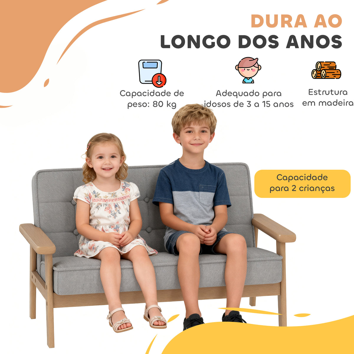 Sofá para Crianças de 2 Lugares Poltrona Infantil de Pelúcia Macia com Estrutura de Madeira Assento e Encosto Acolchoados Apoio de Braços para Crianças a partir de 3 Anos 77x42x48 cm Cinzento — foto 5