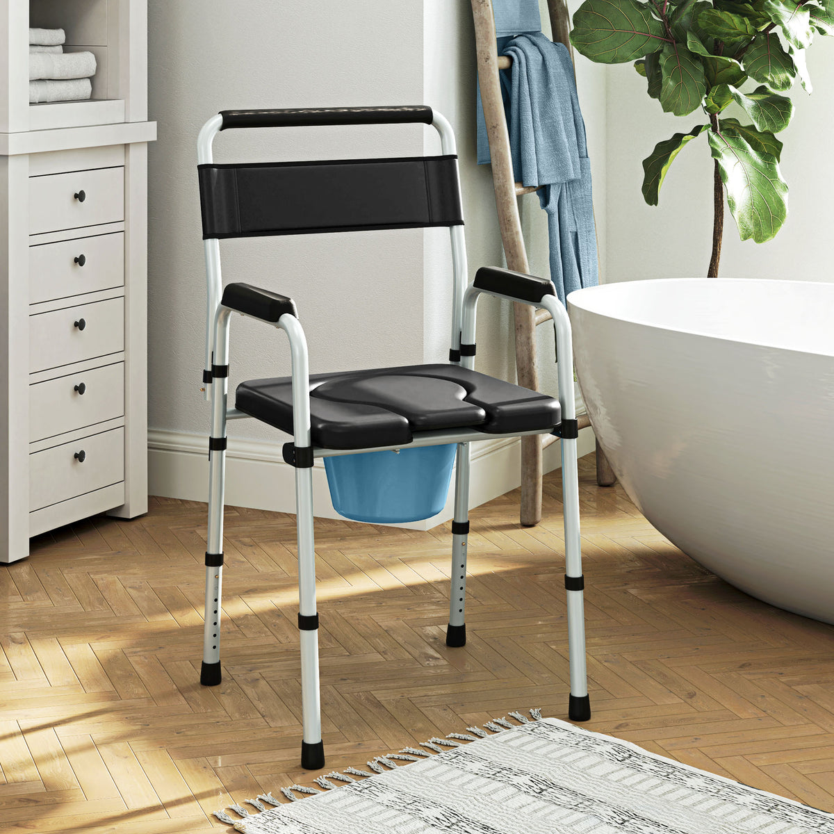 Cadeira Sanita para Pessoas Maiores Dobrável Cadeira com Sanita Altura Ajustável Cubo e Almofadas Antiderrapantes Carga 150 kg 52,5x46x81,5-97 cm Preto — foto 2
