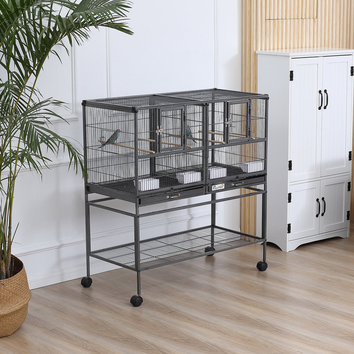 Gaiola dupla para pássaros pequenos Gaiola grande para pássaros com 4 bandejas múltiplas portas 4 Alimentadores 4 Cabides 95x45,5x102 cm Preto — foto 2