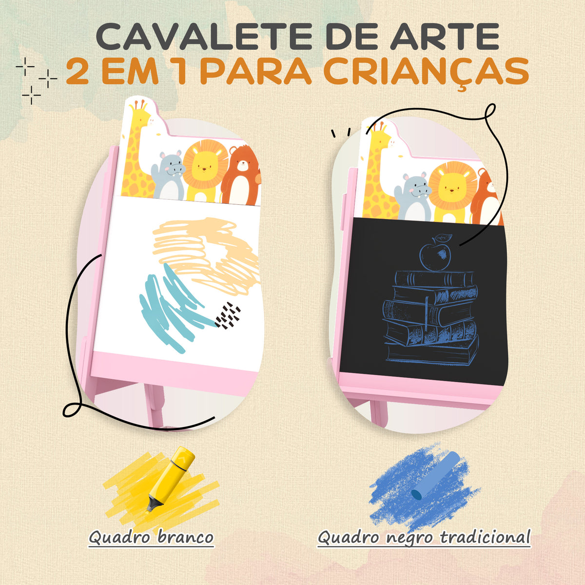 Cavalete para Crianças 2 em 1 Arsósia Infantil com Dupla Face 2 Caixas de Arrumação Cavalete de Pintura para Crianças com Estampa em Animais 53,5x49x113 cm Rosa — foto 4