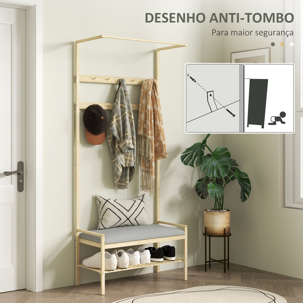 Móvel Cabide de Entrada Móvel de Entrada com Sapateira 10 Ganchos Barra Superior e Compartimento para Corredor Dormitório 73,5x34x171 cm Madeira e Cinza — foto 7
