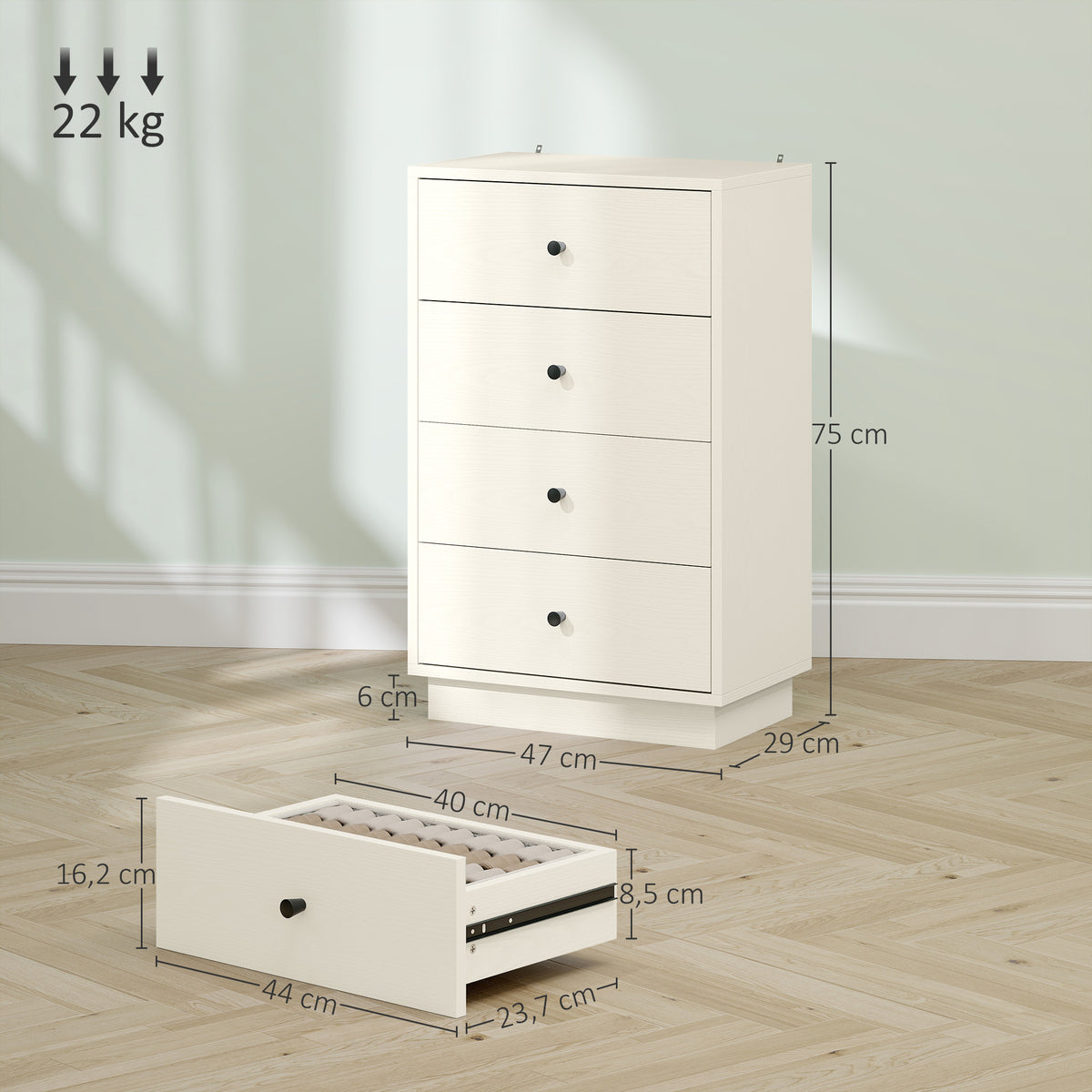 Cómoda de 4 Gavetas Cómoda para Dormitório Moderna Cómoda Estreita para Sala de Estar Corredor 47x29x75 cm Branco — foto 3