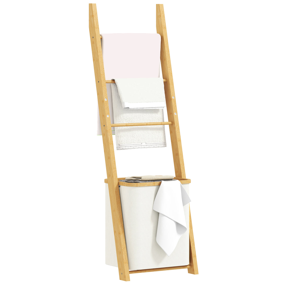 Estante para Casa de Banho de Bambu Toalheiro de Pé com 3 Barras e Cesto para Roupa Suja Removível de 48 L para Quarto Lavandaria 43x35x133 cm Creme e Madeira — foto 1