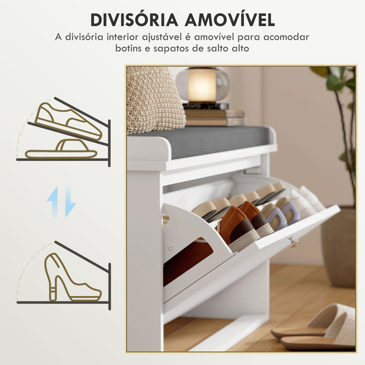 Banco Sapateira Moderno Móvel Sapateira com Banco de Madeira com Prateleiras Ajustáveis e Almofada Acolchoada para 8 Pares de Sapatos para Entrada Corredor 80x26x44,5 cm Branco — foto 5