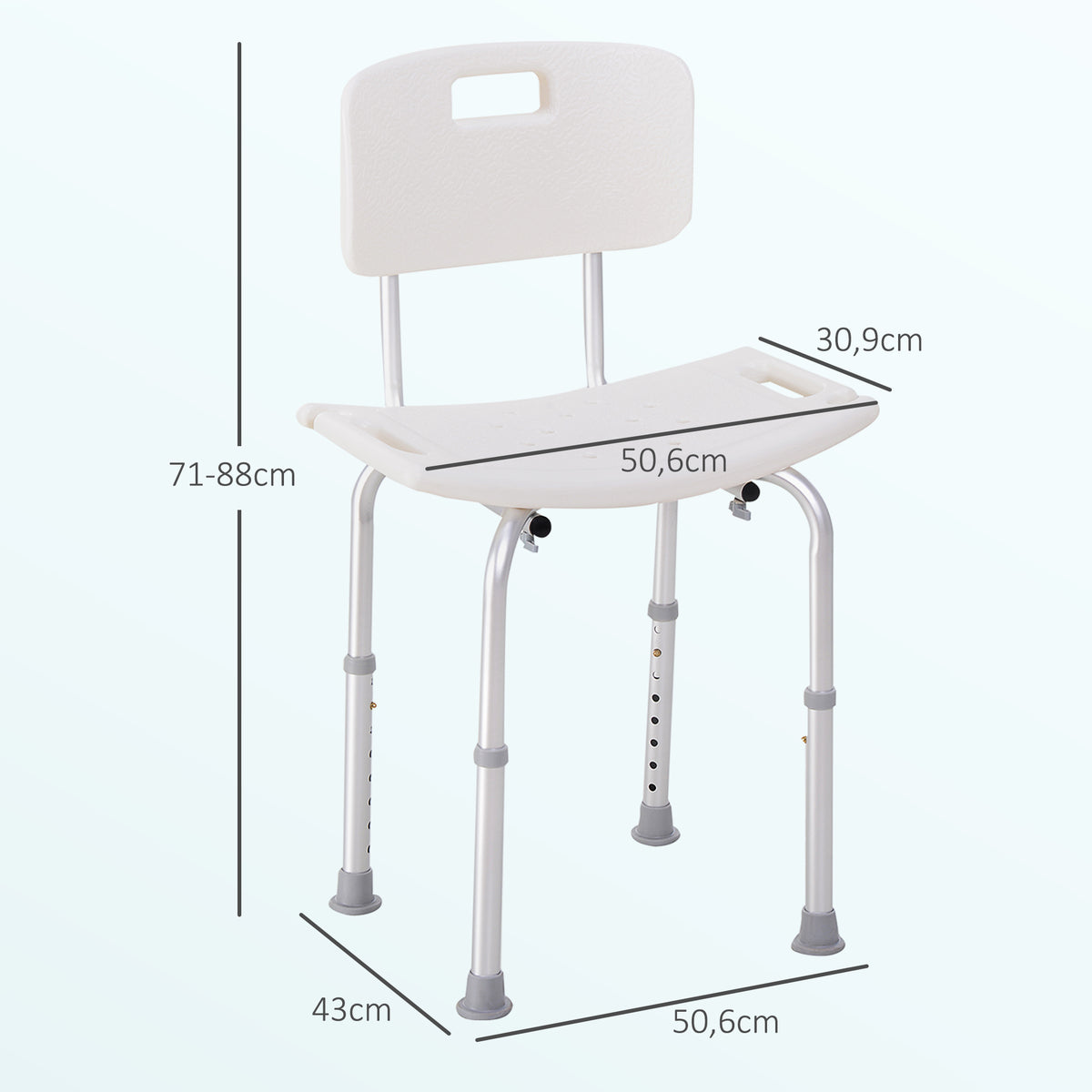 Cadeira para Duche Antiderrapante com Altura Ajustável em 8 Níveis Cadeira de Banho 50,6x43x71-88 cm Branco — foto 3